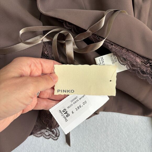 PINKO Short Delicate Lace Trim Detail Jacket Blazer Womens 6 Brown Satin Bow NWT - Picture 6 of 10